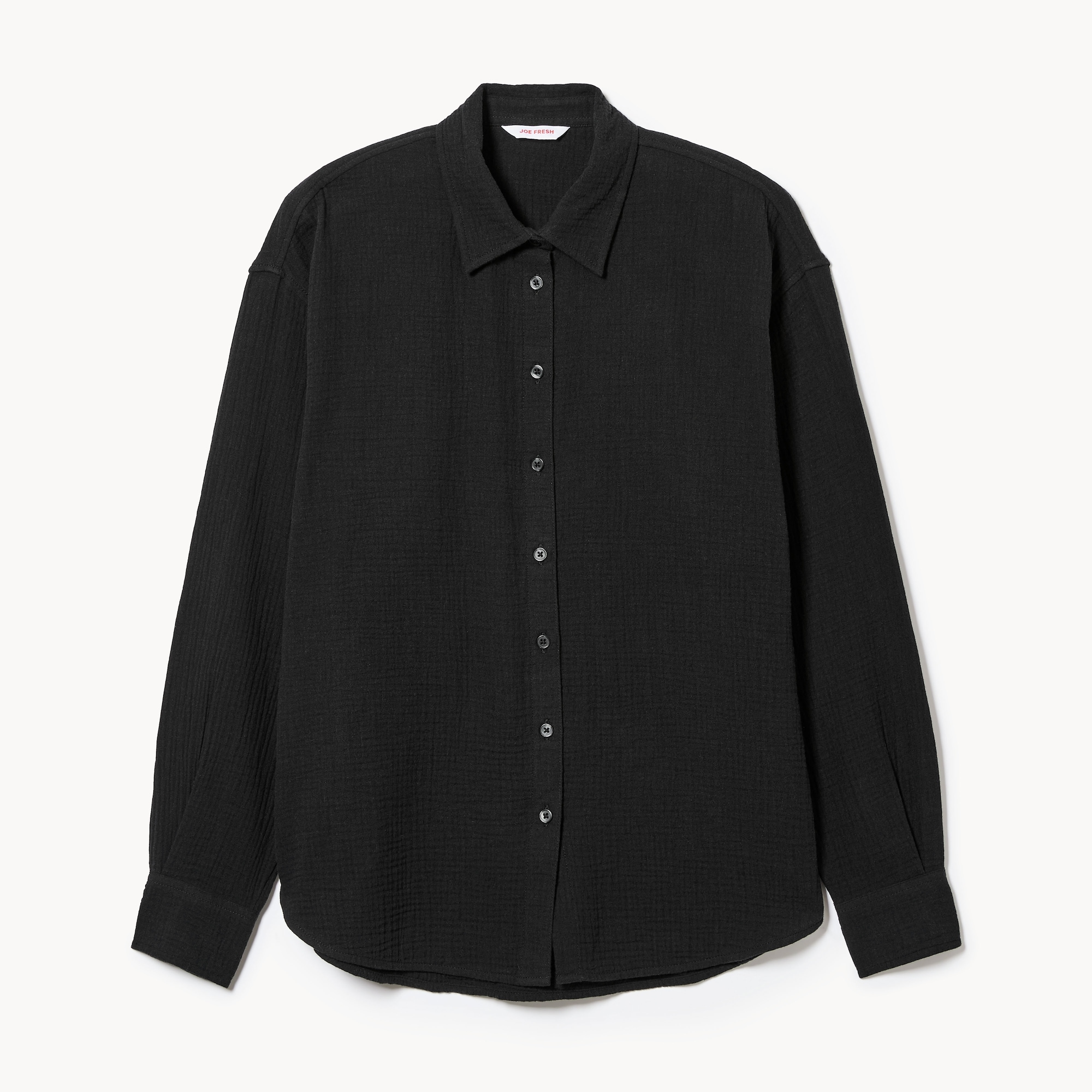 Oversized Crinkle Gauze Button-Up Shirt in JF Black from Joe Fresh