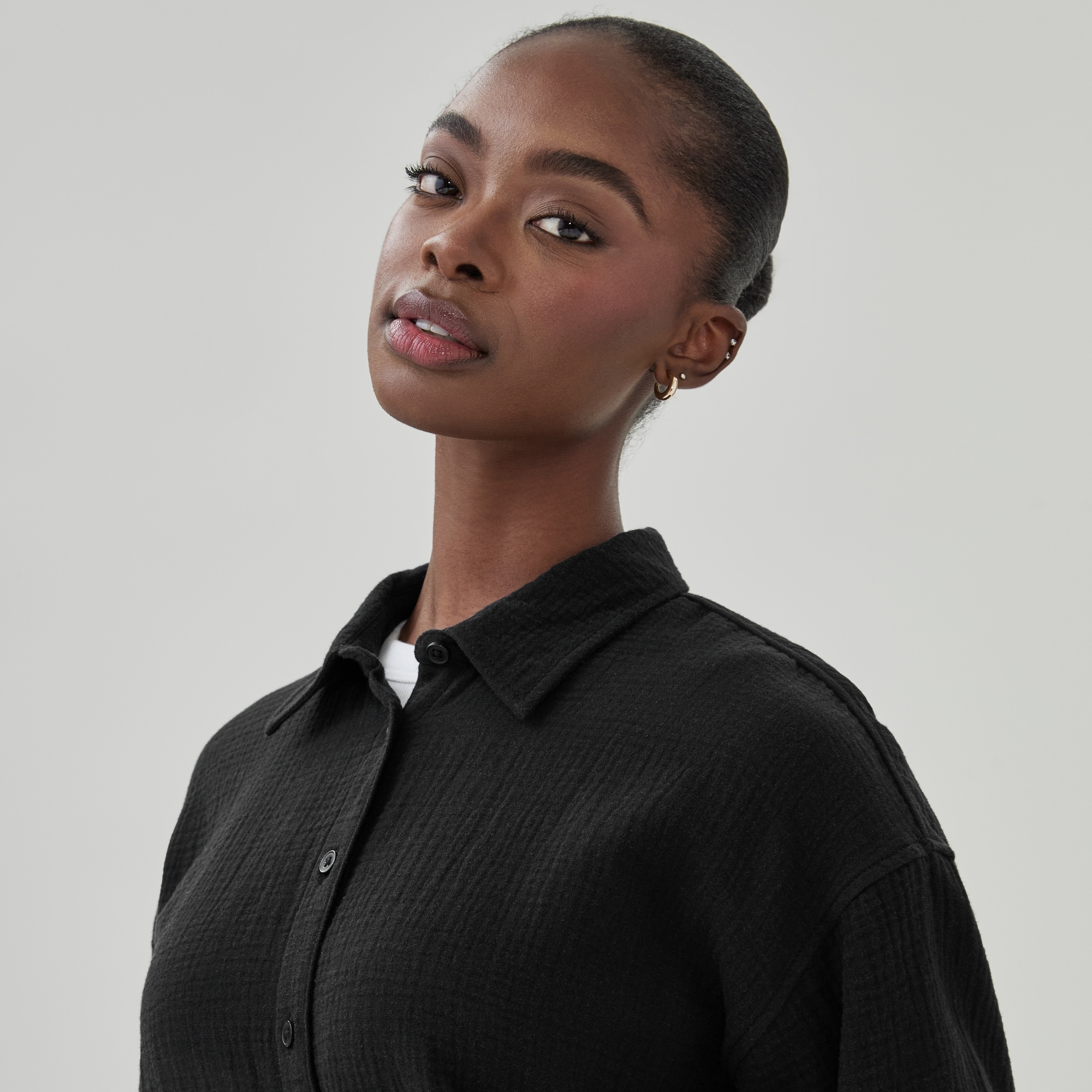 Oversized Crinkle Gauze Button-Up Shirt in JF Black from Joe Fresh