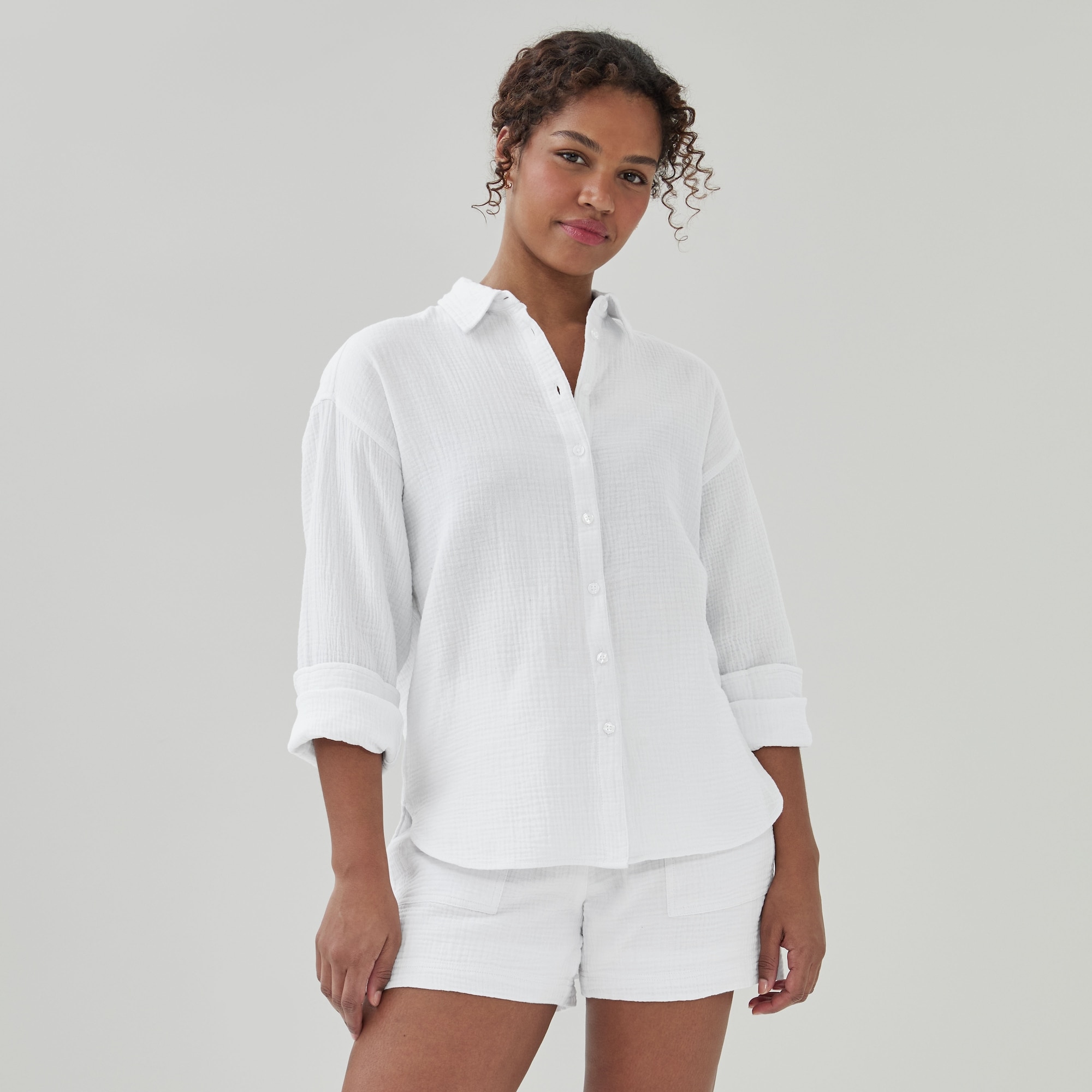 Oversized Crinkle Gauze Button-Up Shirt in Bright White from Joe Fresh
