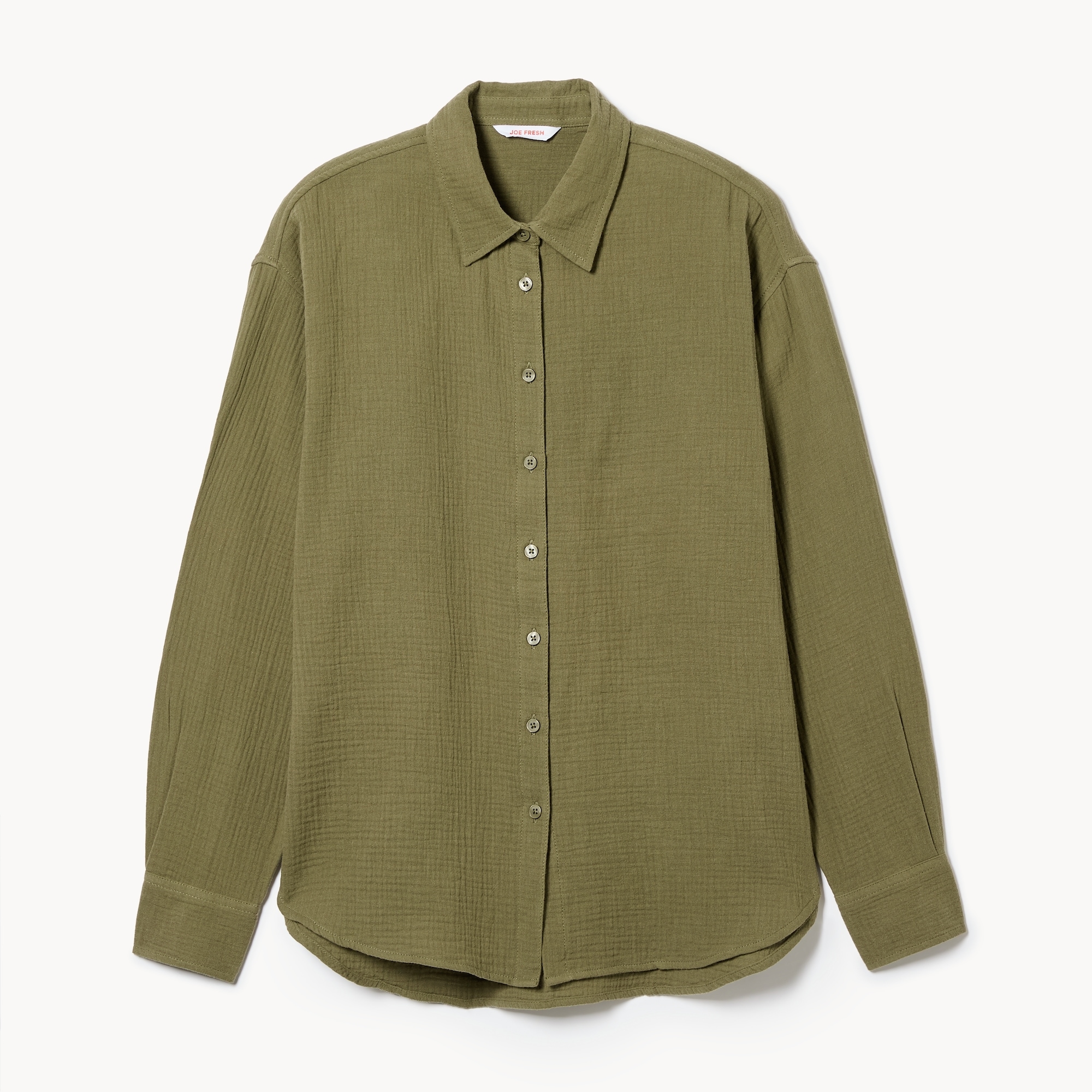 Women+ Oversized Crinkle Gauze Button-Up Shirt in Olive from Joe Fresh Women+ Oversized Crinkle Gauze Button-Up Shirt in Olive from Joe Fresh