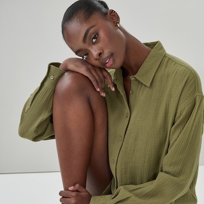 Oversized Crinkle Gauze Button-Up Shirt - Olive
