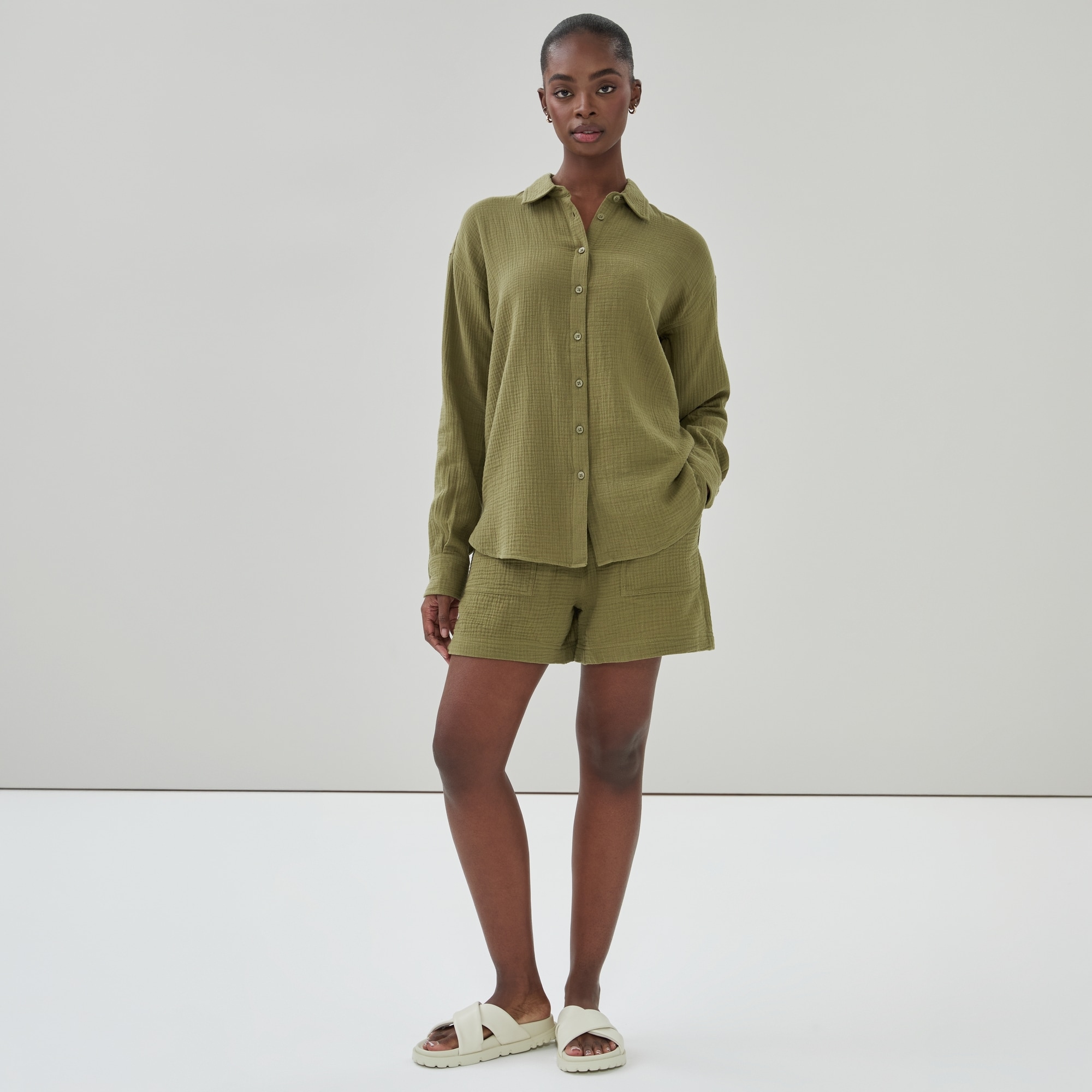 Women+ Oversized Crinkle Gauze Button-Up Shirt in Olive from Joe Fresh
