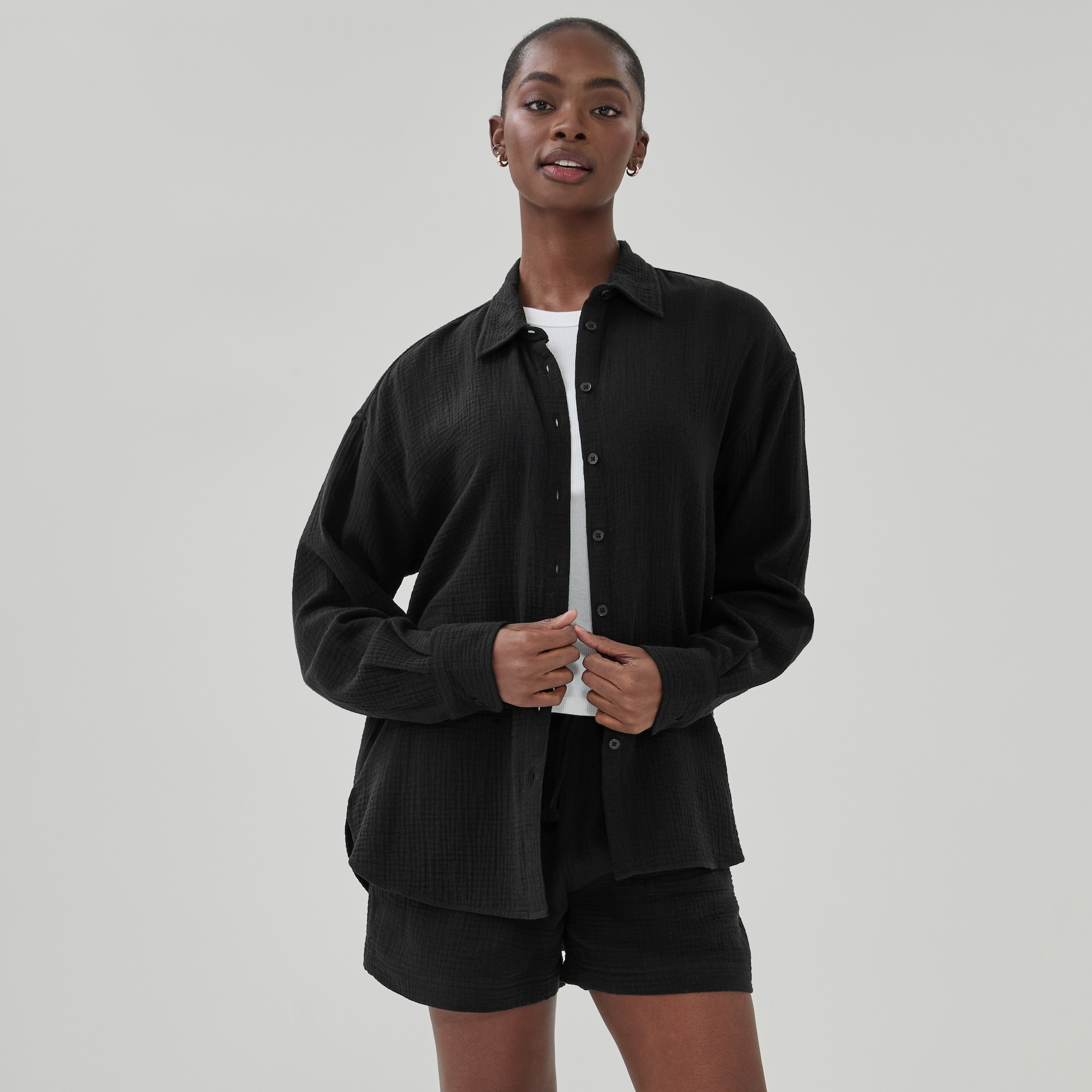 Oversized Crinkle Gauze Button-Up Shirt in JF Black from Joe Fresh