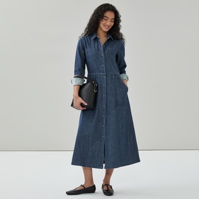 Denim Long Sleeve Midi Dress - Dark Wash