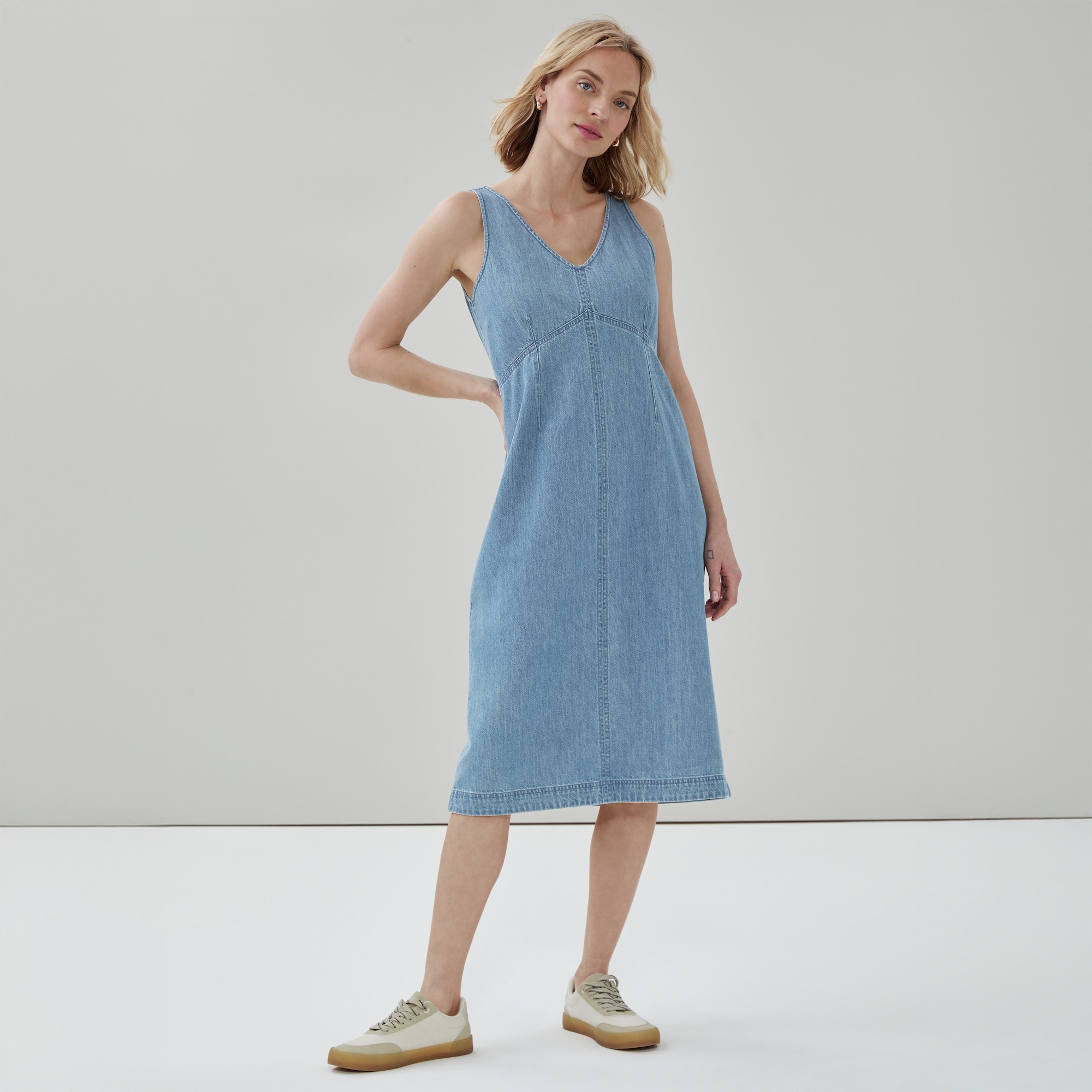 joe fresh denim dress Inoe Long Sleeve Midi Denim Dress Denim Long Sleeve Midi Dress In Dark Wash  From Joe