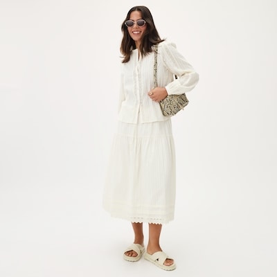 Cotton Scalloped Midi Skirt - Off White