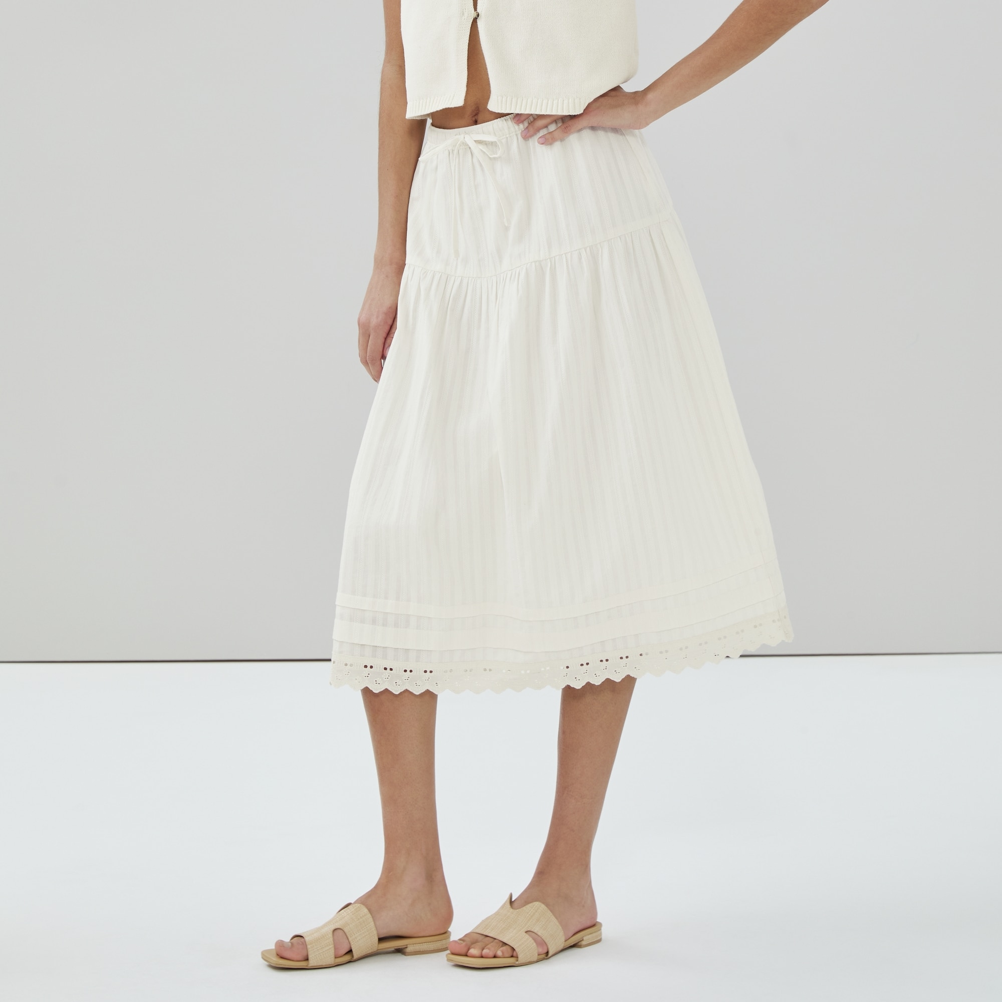 Cotton Scalloped Midi Skirt in Off White from Joe Fresh