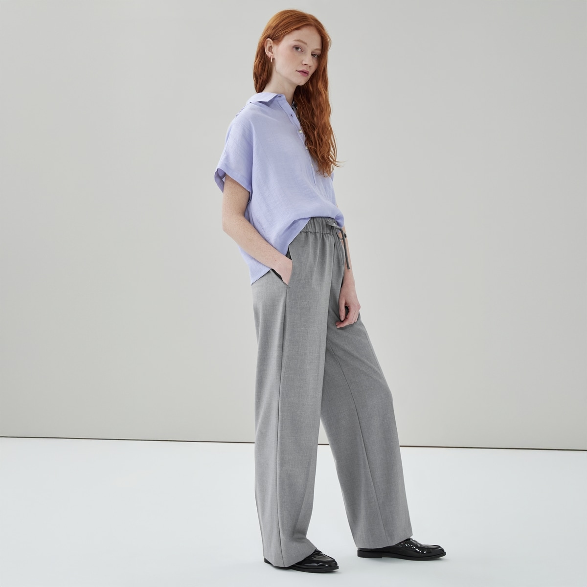 Wide Leg Pull-On Suit Pant - Grey Mix