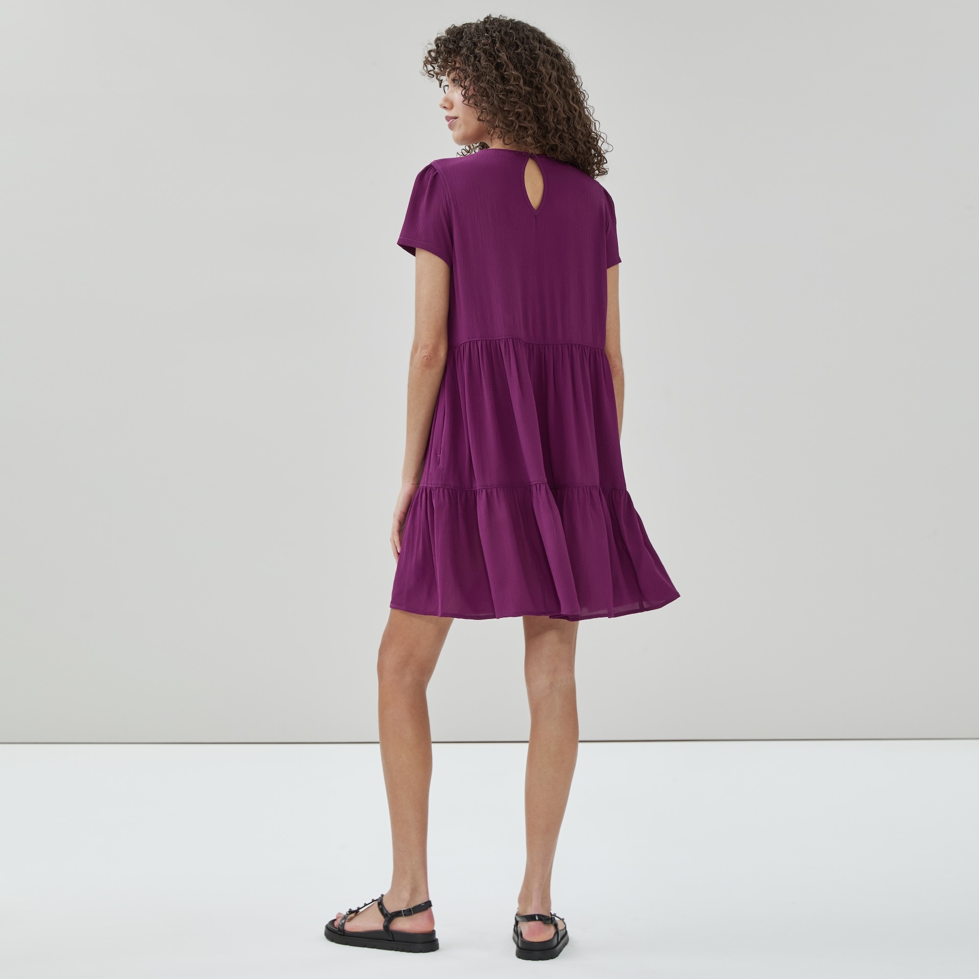 Short Sleeve Tiered Dress in Plum from Joe Fresh