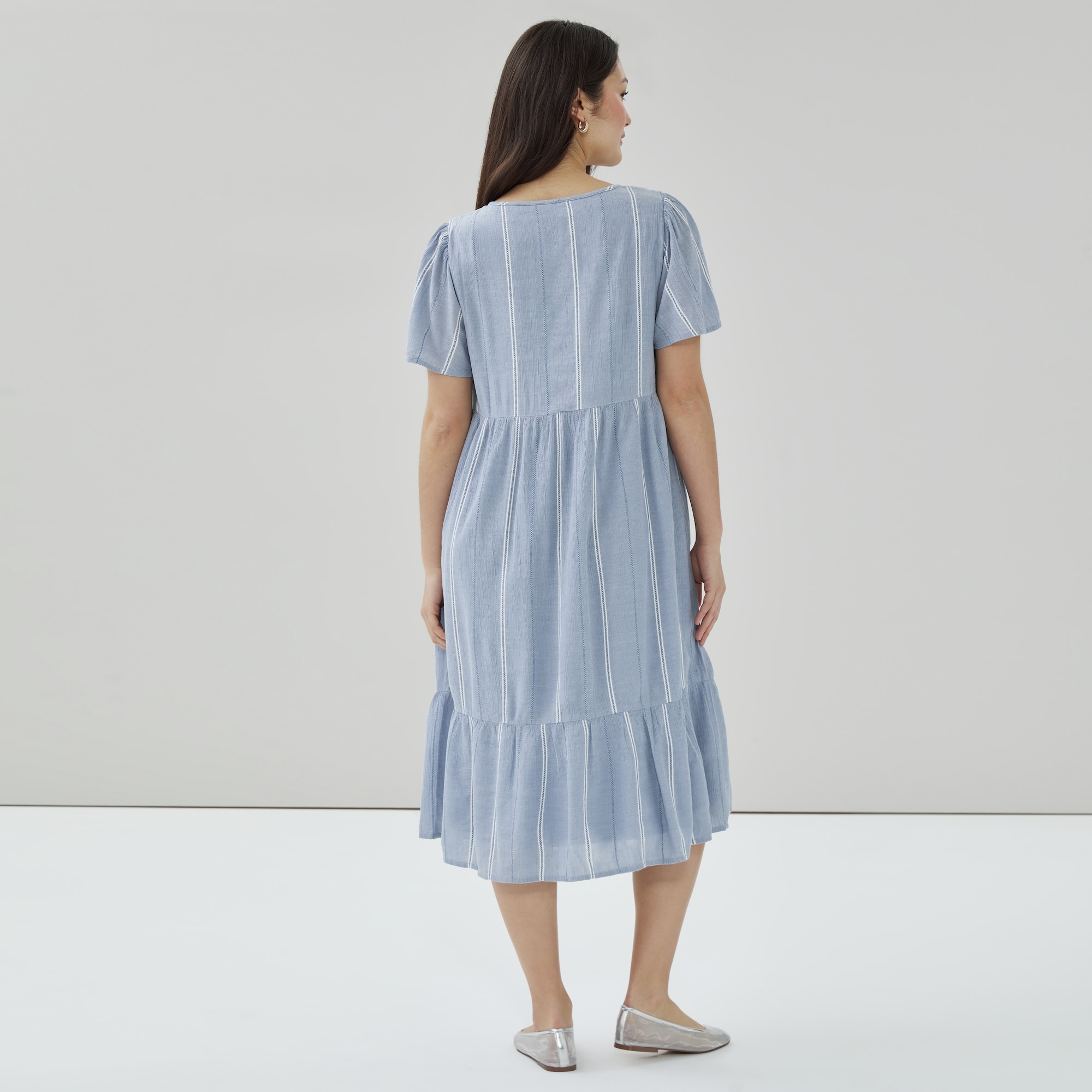 Flutter Sleeve Tiered Midi Dress in Dusty Blue from Joe Fresh