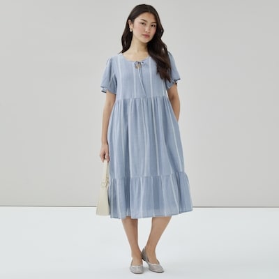Robe midi à volants à manches papillon - Bleu Cendré