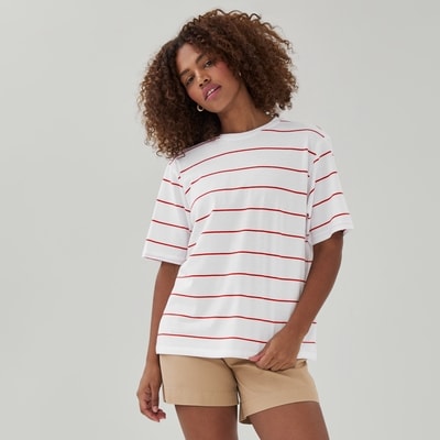 Oversized Striped Cotton T-Shirt - Red