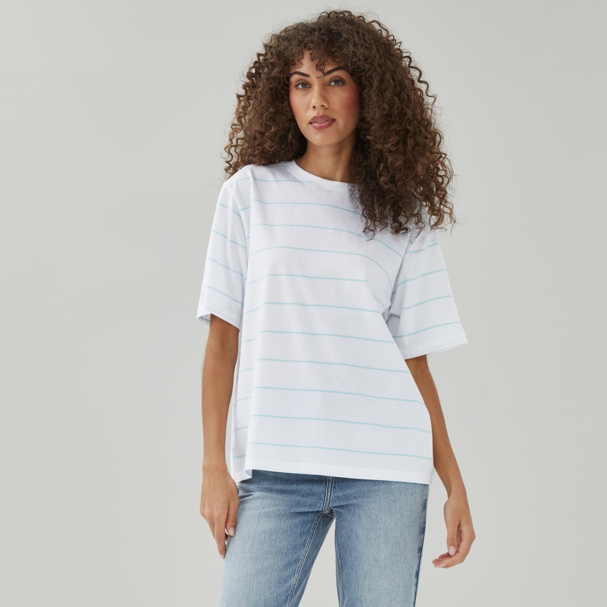 Oversized Striped Cotton T-Shirt - Aqua