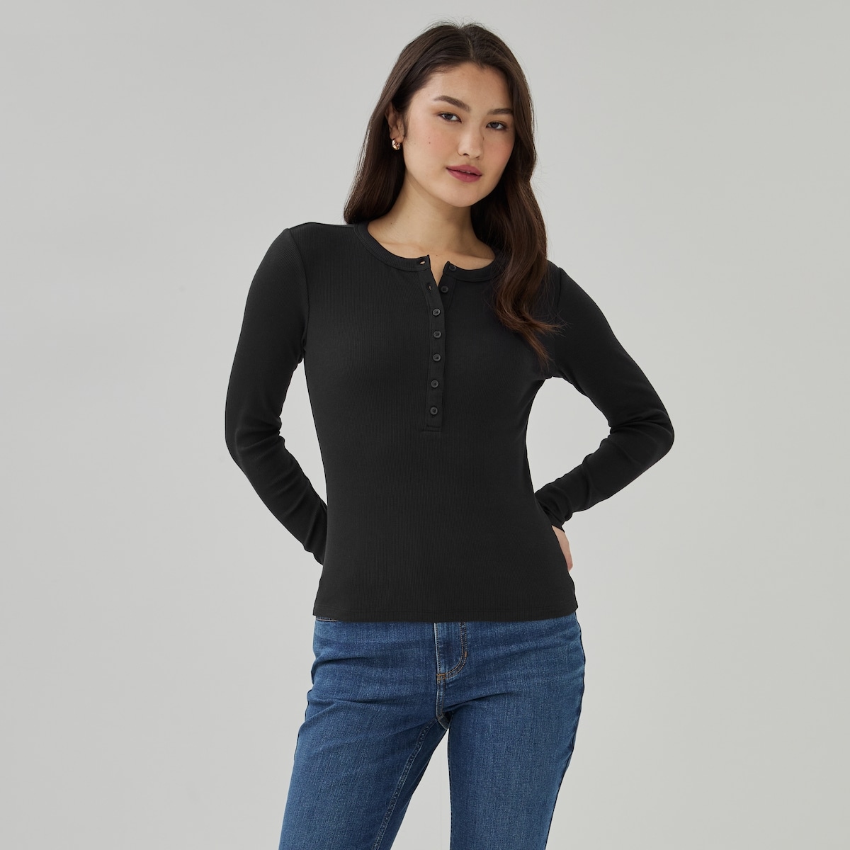 Henley Long Sleeve Top - Jf Black