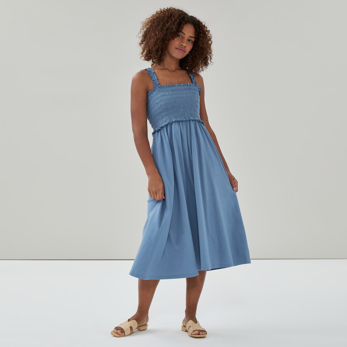 Robe midi fronce - Bleu Cendr