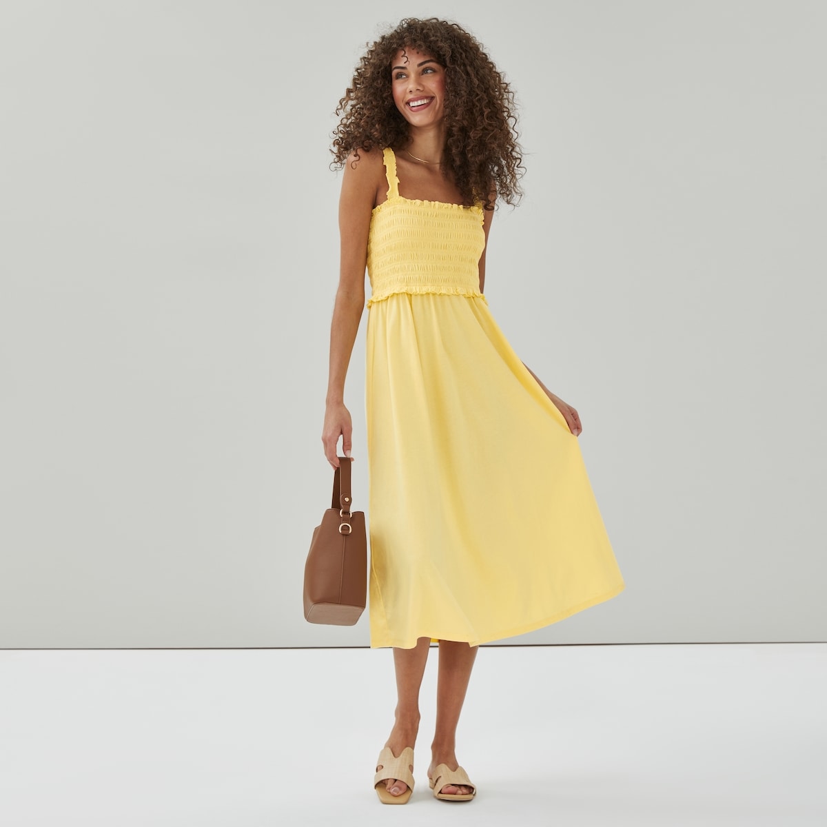 Smocked Midi Dress - Yellow