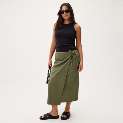 Jupe portefeuille maxi en lin et coton - Olive Foncé