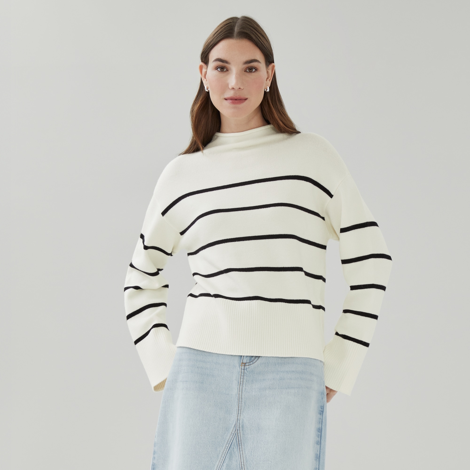 Striped Funnel Neck Sweater in Off White from Joe Fresh