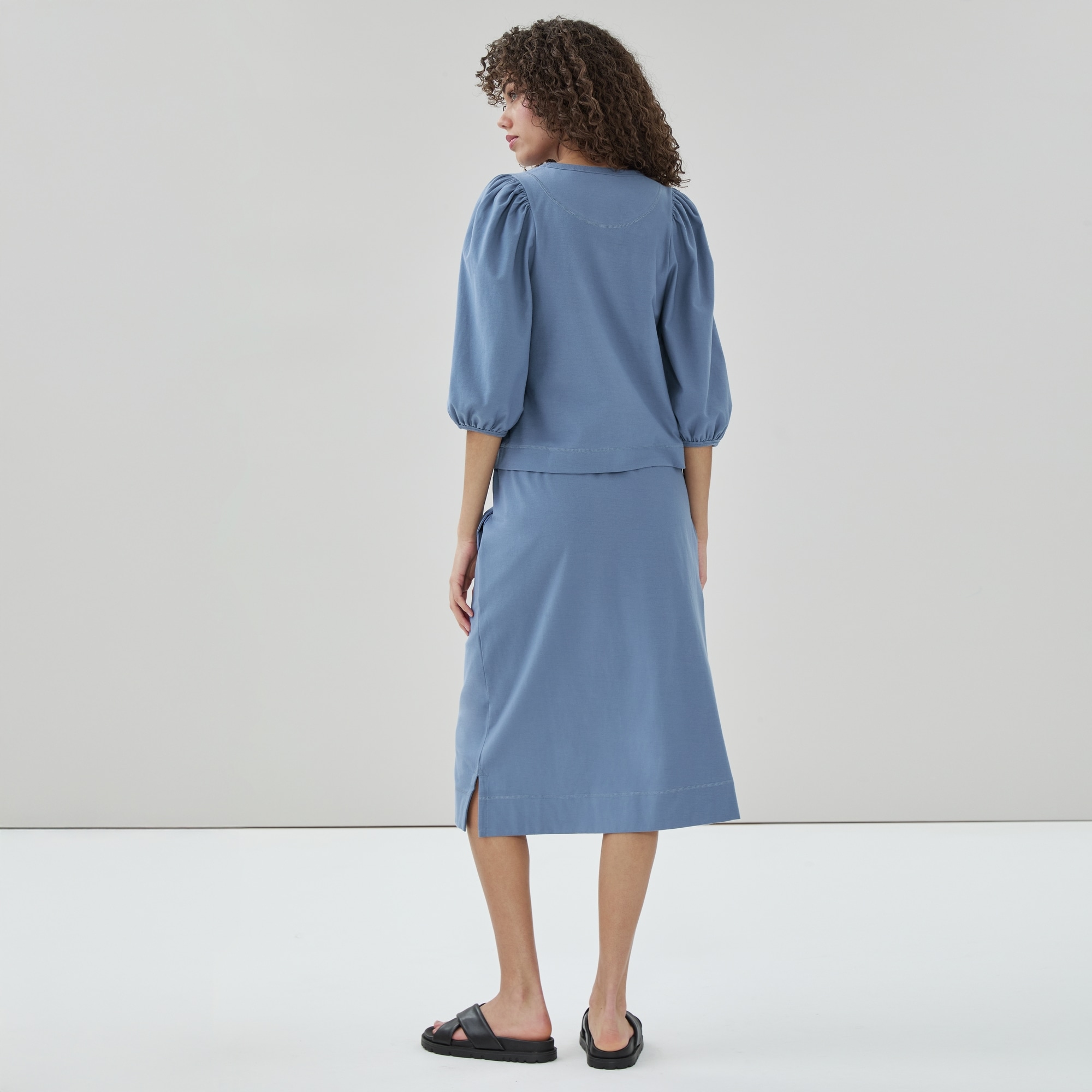 Heavyweight Cotton Puffed Sleeve Top in Dusty Blue from Joe Fresh