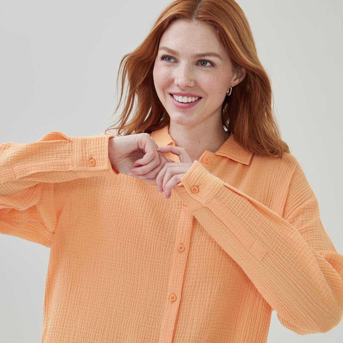 Crinkle Gauze Button-Up Tunic - Pastel Orange