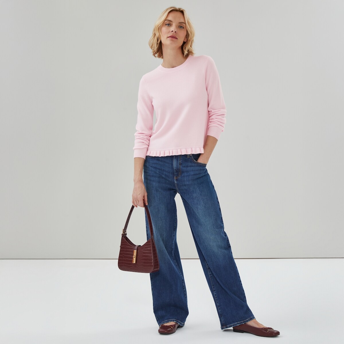 Chandail en tricot avec ourlet volants - Rose Pastel