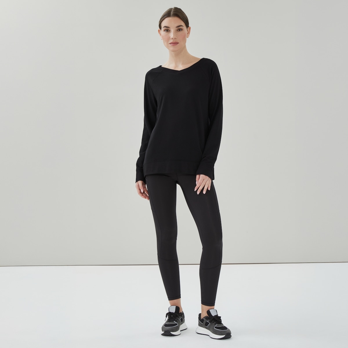 Micro French Terry Double V Neck Sweatshirt - Black
