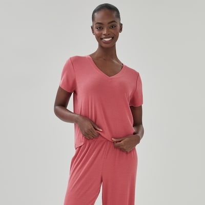 Modal Ribbed Sleep T-Shirt - Pale Red