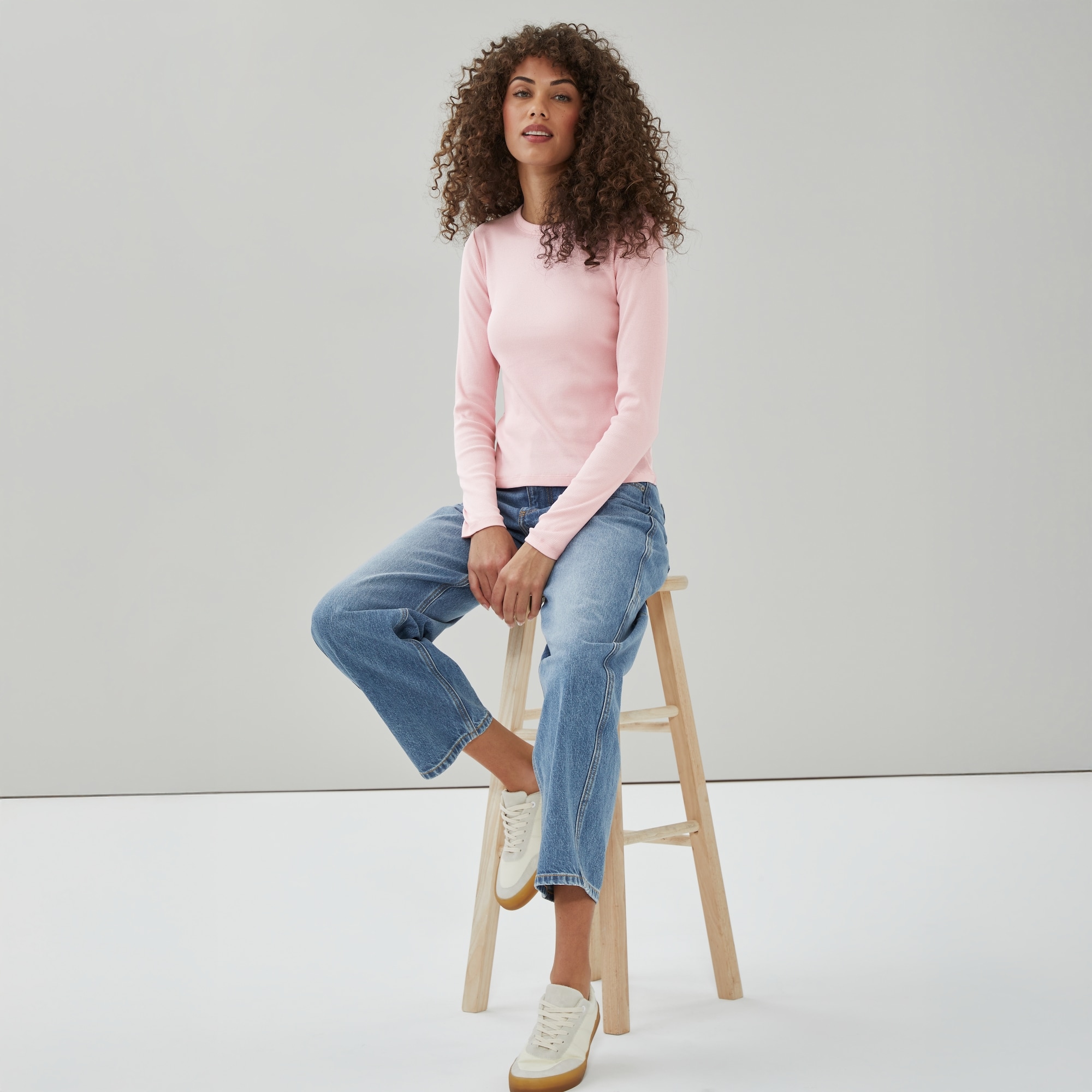Ribbed Long Sleeve Top in Light Pink from Joe Fresh