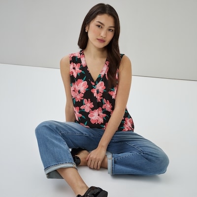 Printed V-Neck Tank Top - Black