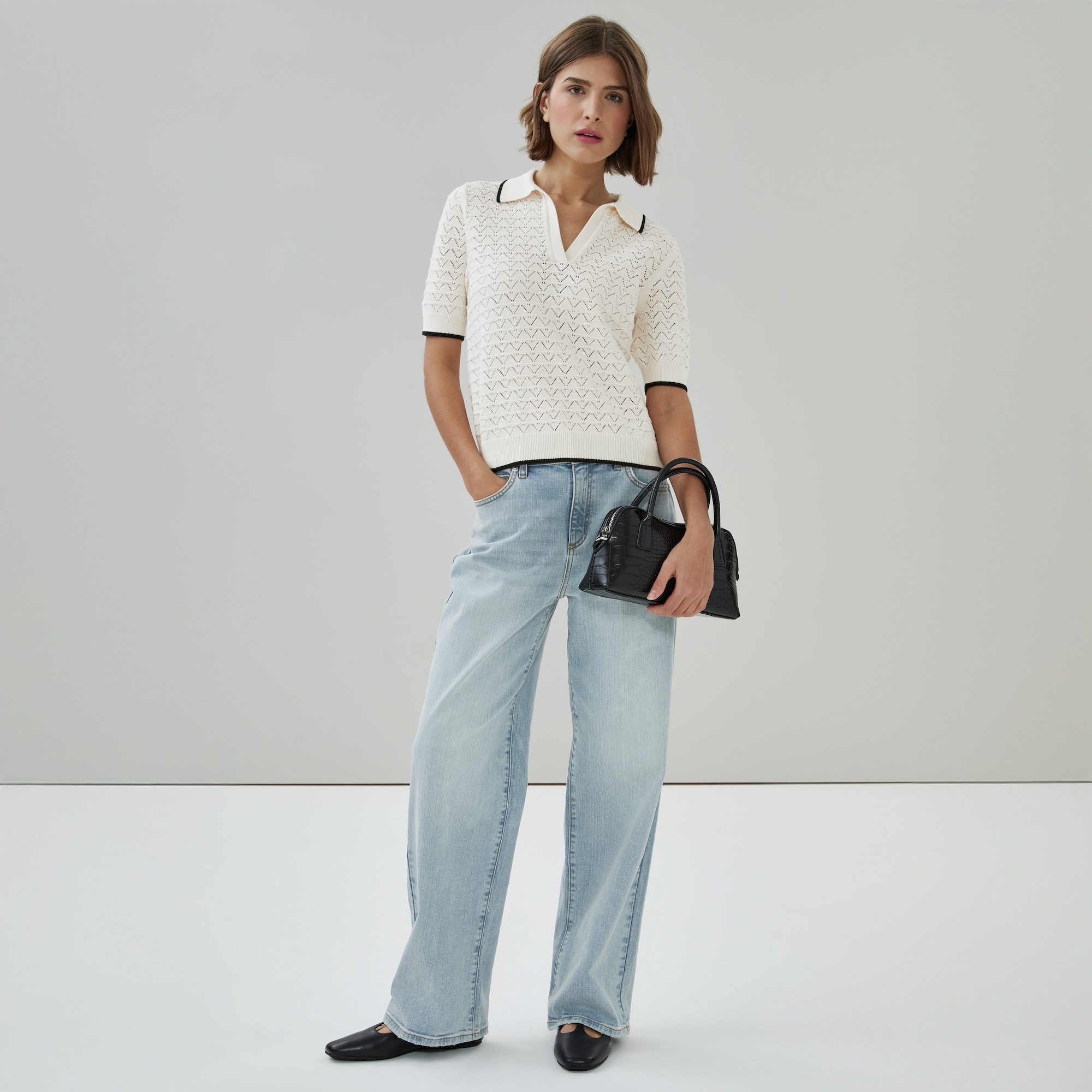 Pointelle Knit Polo in Off White from Joe Fresh
