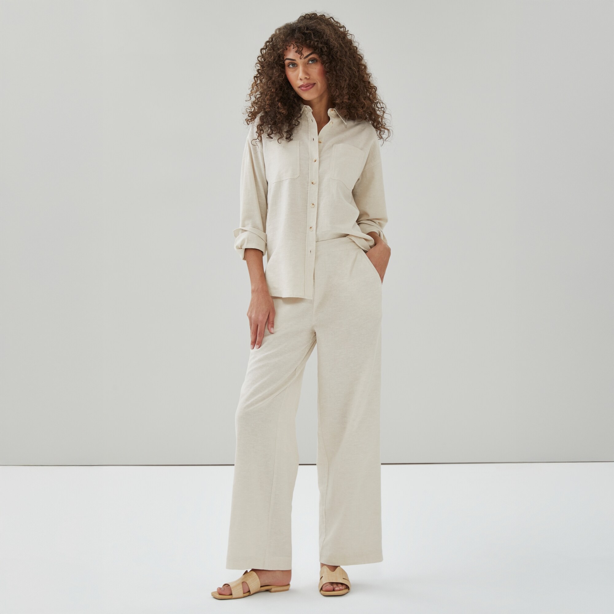 Pantalon à jambe large en lin et coton