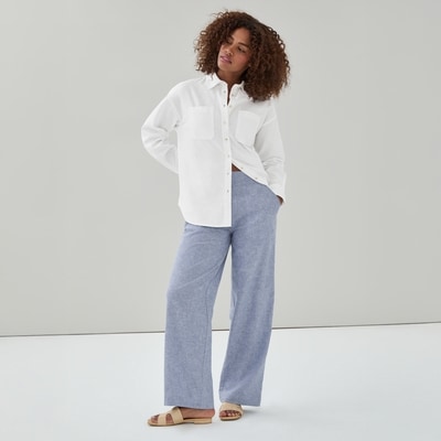 Pantalon à jambe large en lin et coton - Mélange De Bleu
