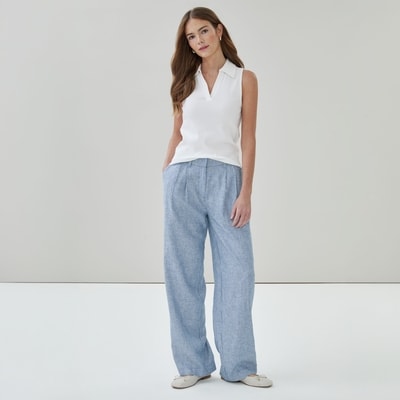 Linen Blend Pleated Trouser - Blue