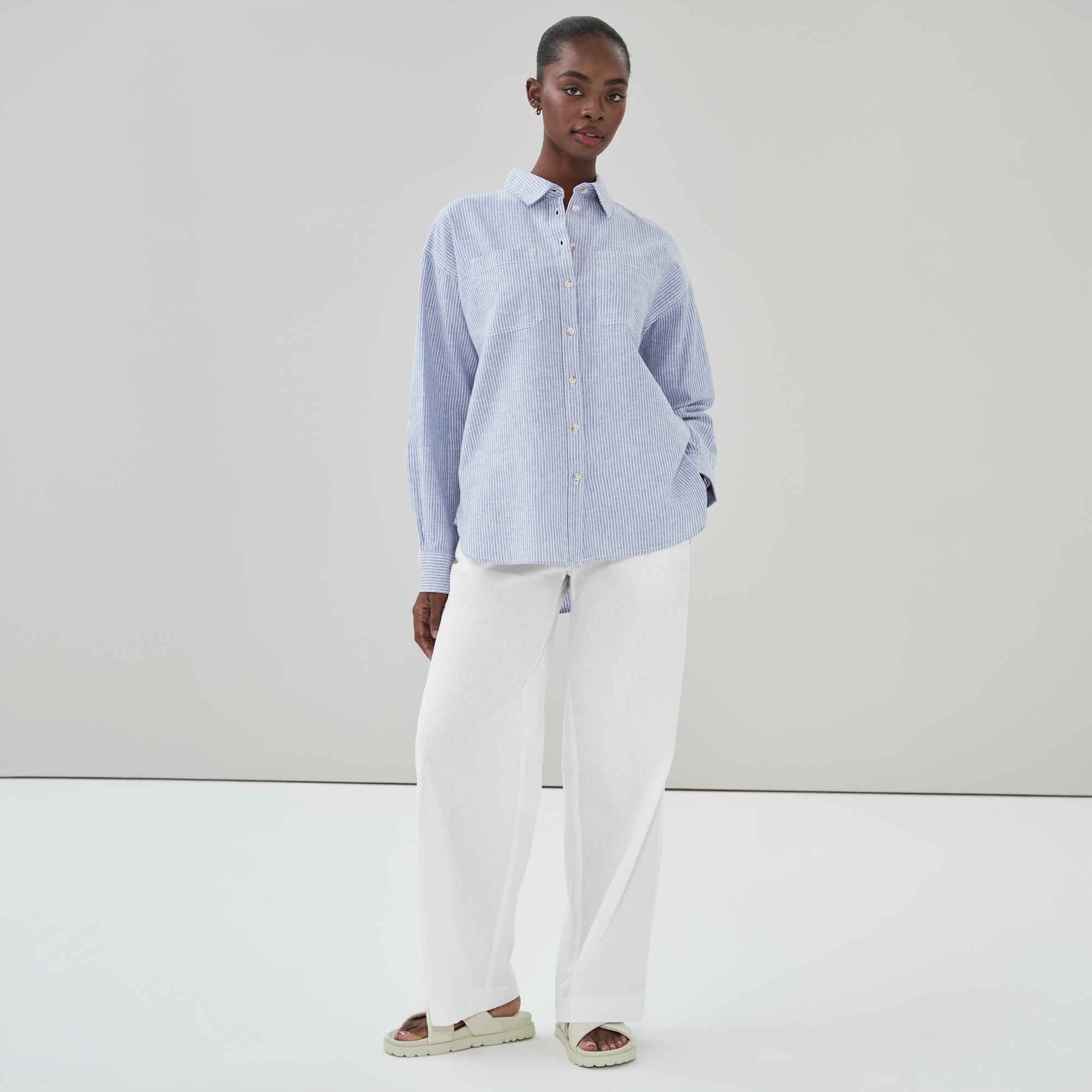 Linen Cotton Striped Oversized Shirt in Blue from Joe Fresh