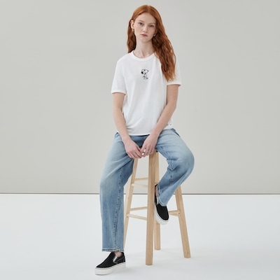 T-shirt à bordure contrastante brodé Peanuts - Blanc Cassé