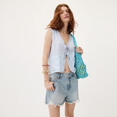 Crinkle Gauze Striped Tie Top - Blue