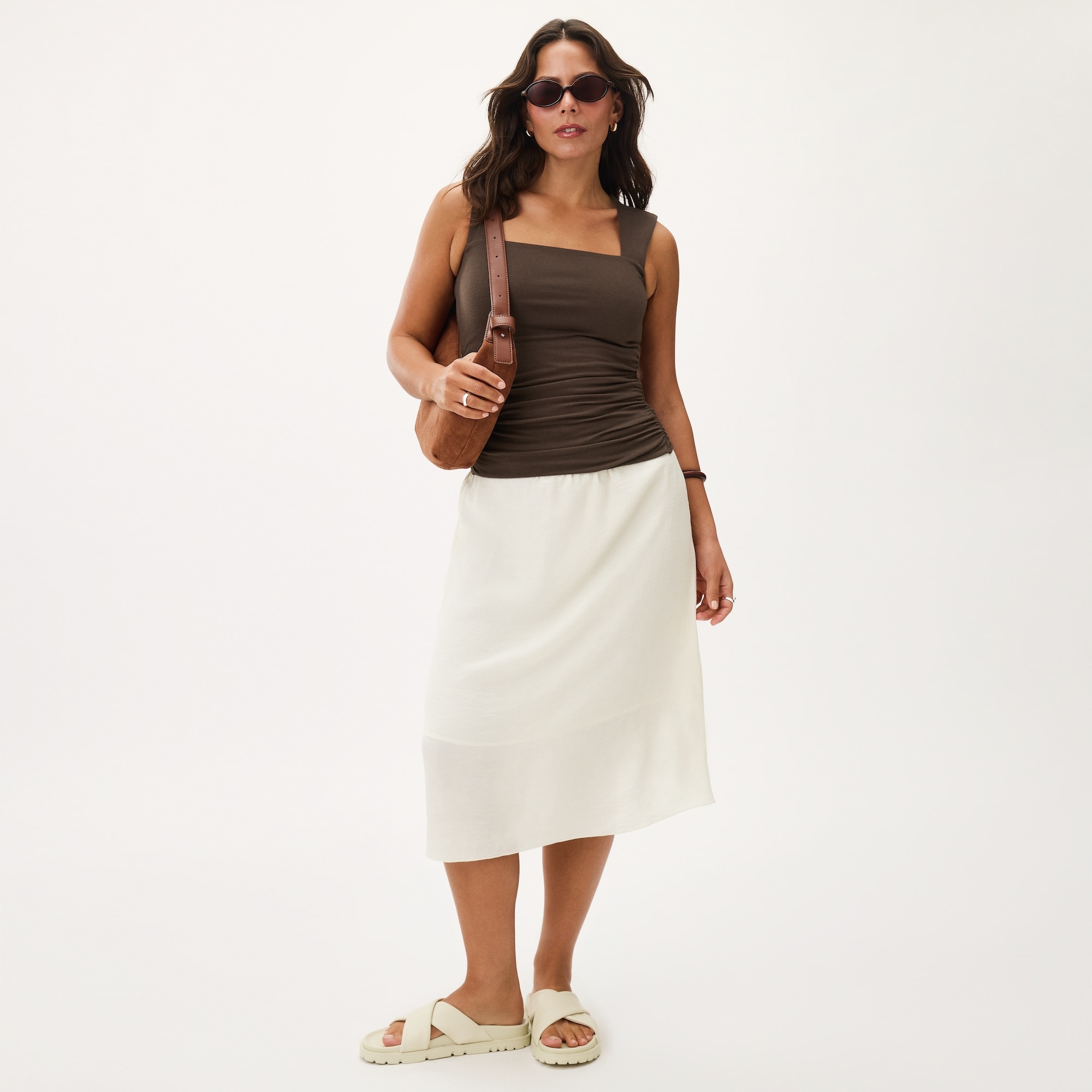 Ruched Square Neck Tank in Dark Brown from Joe Fresh