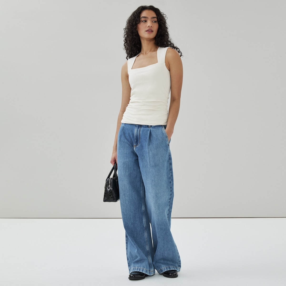 Ruched Square Neck Tank - Off White