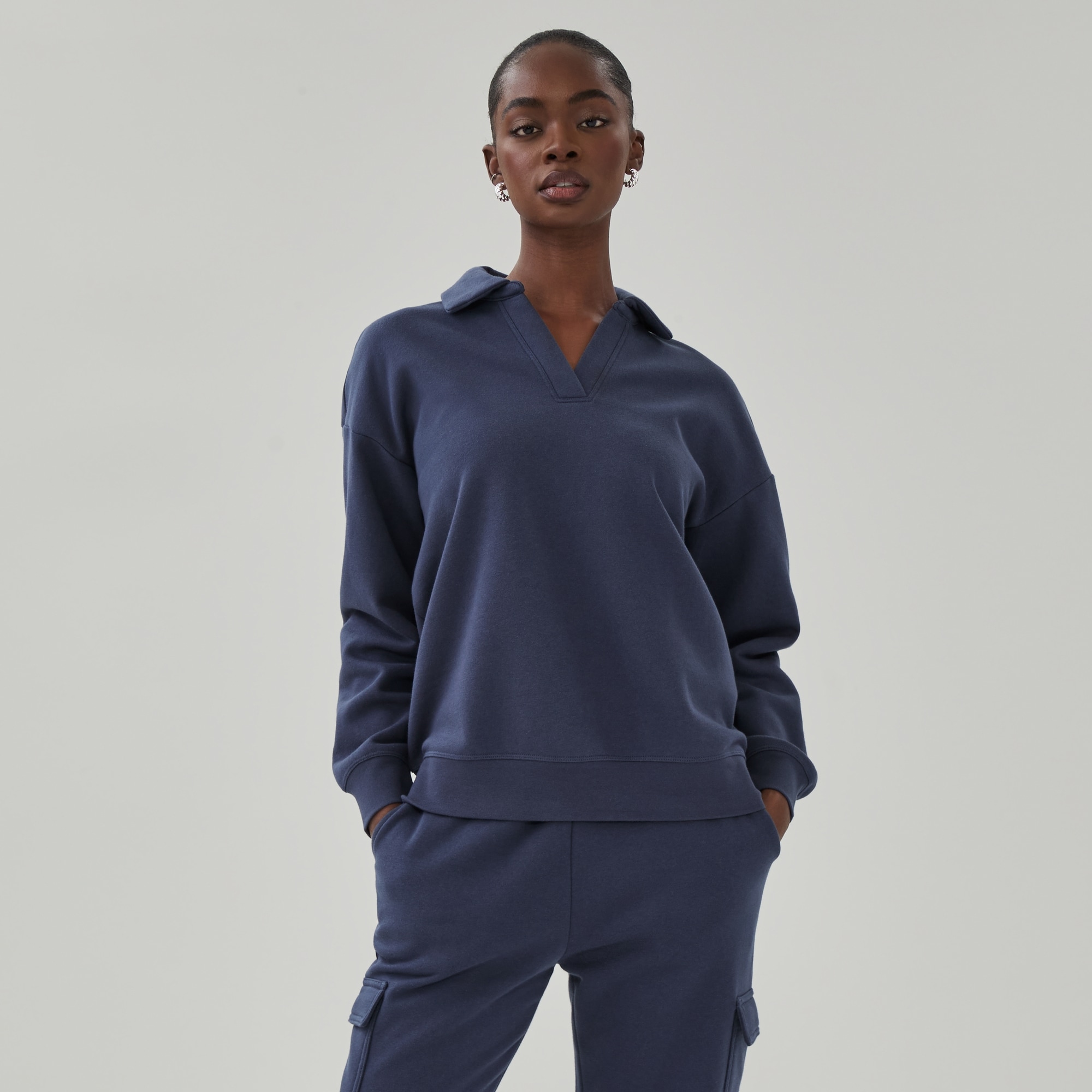Fleece Polo Sweatshirt in Dark Navy from Joe Fresh