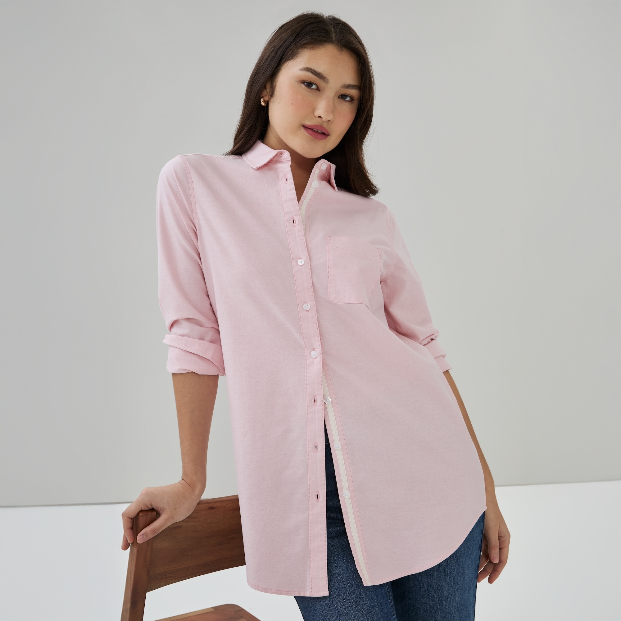 Oxford Button-Up Tunic in Light Pink Mix from Joe Fresh