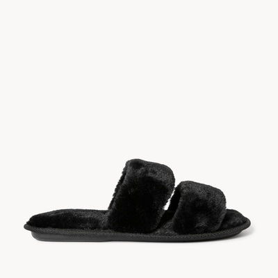 Faux Fur Double Strap Slippers - Black
