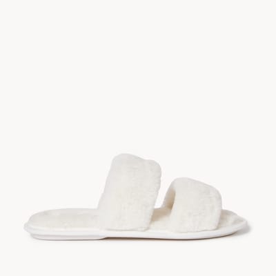 Faux Fur Double Strap Slippers - Light Beige