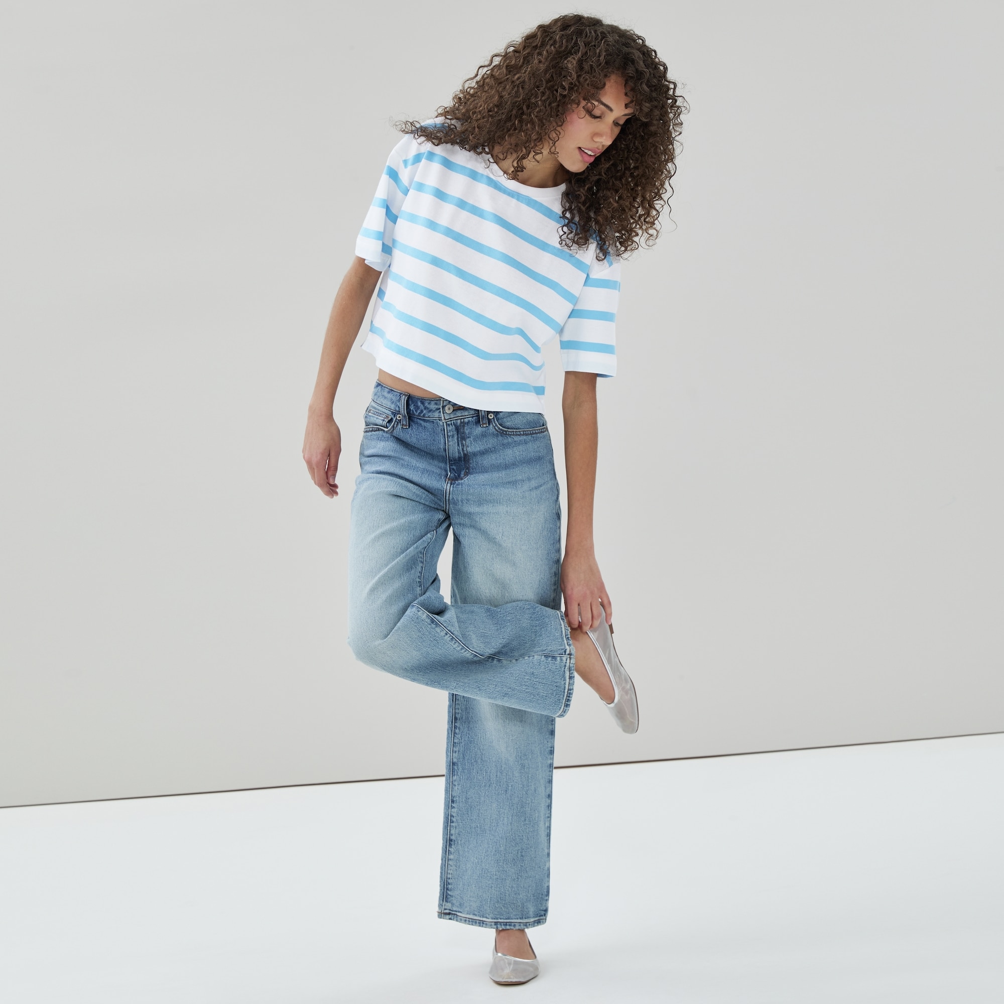Premium Striped Cropped T-Shirt in Bright White from Joe Fresh