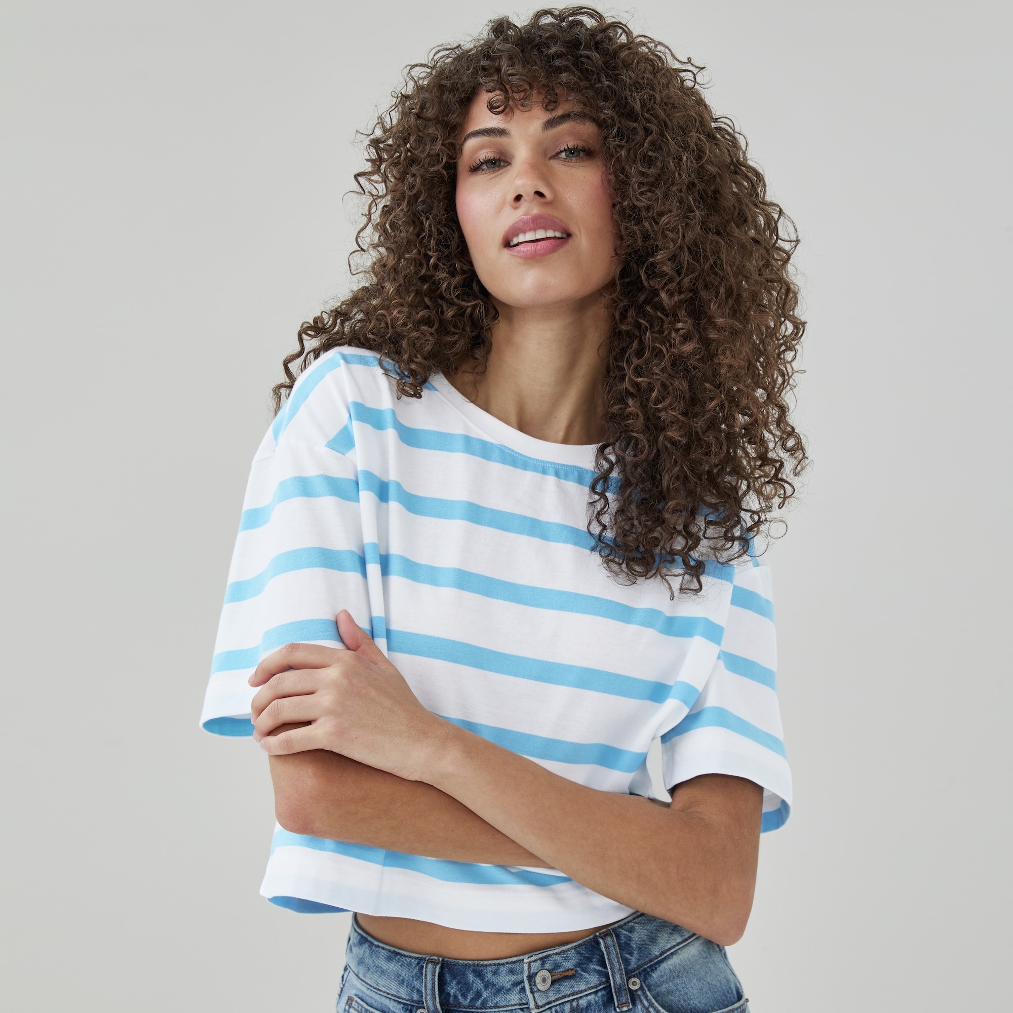 Premium Striped Cropped T-Shirt in Bright White from Joe Fresh