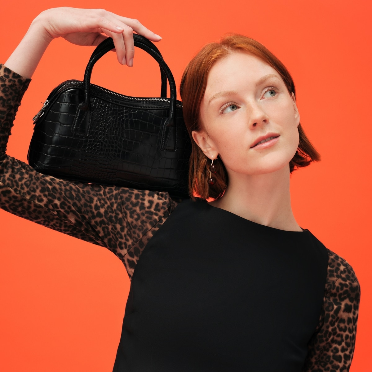 Faux Leather Top Handle Bag - Black