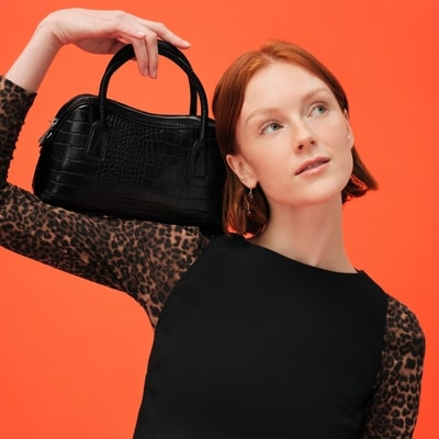 Faux Leather Top Handle Bag - Black