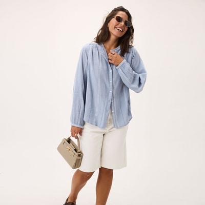 Puffed Long Sleeve Button Shirt - Dusty Blue