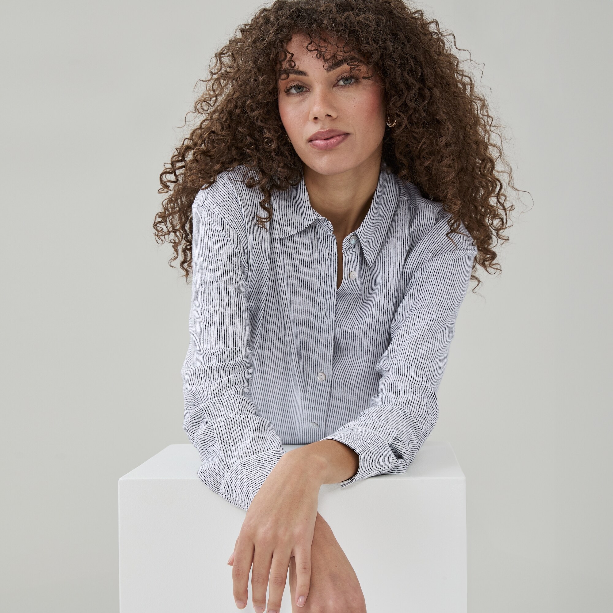 Ellen Tracy Linen Blend Striped Button-Up