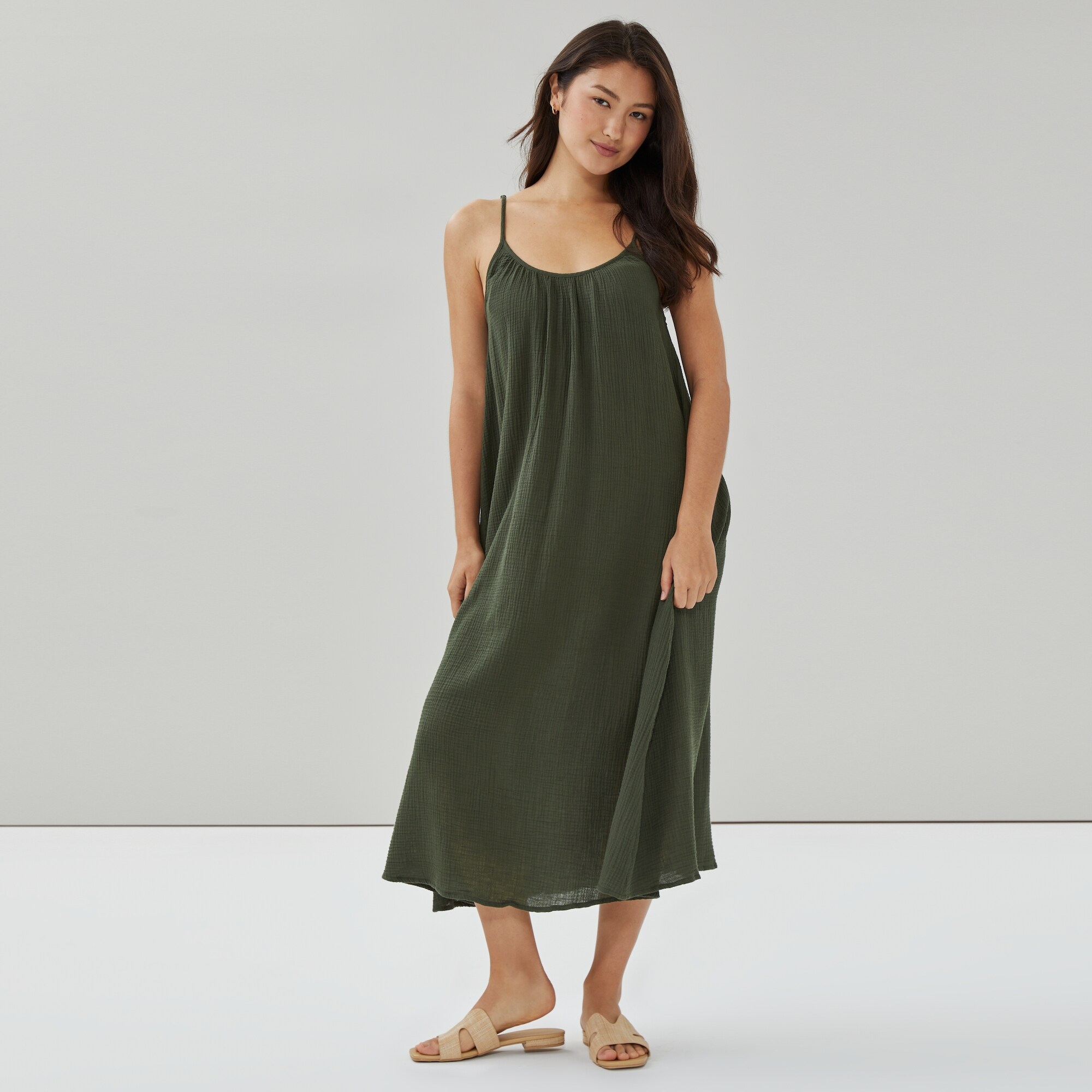 Gauze Midi Dress Cover-Up in Army Green from Joe Fresh