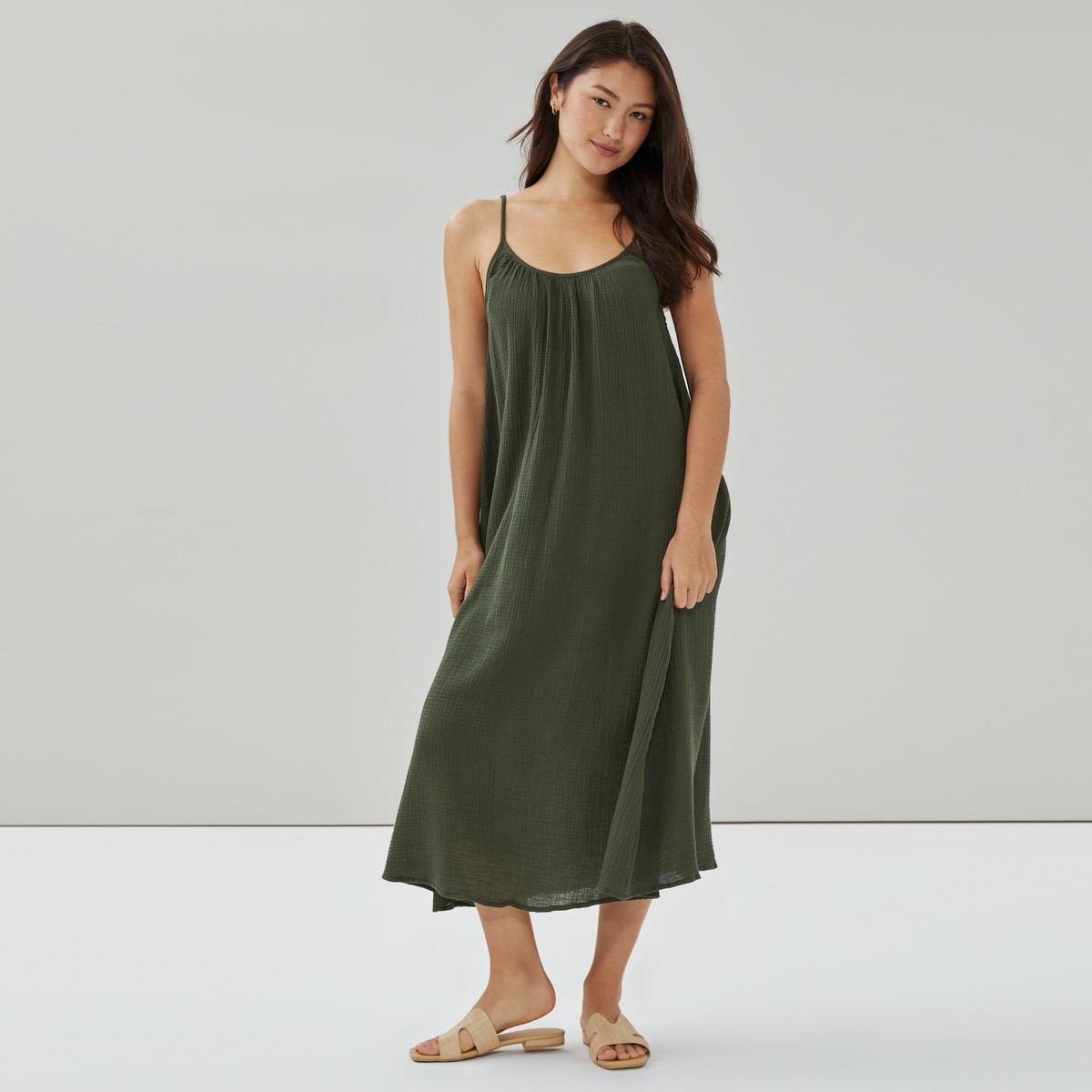 Gauze Midi Dress Cover-Up - Army Green